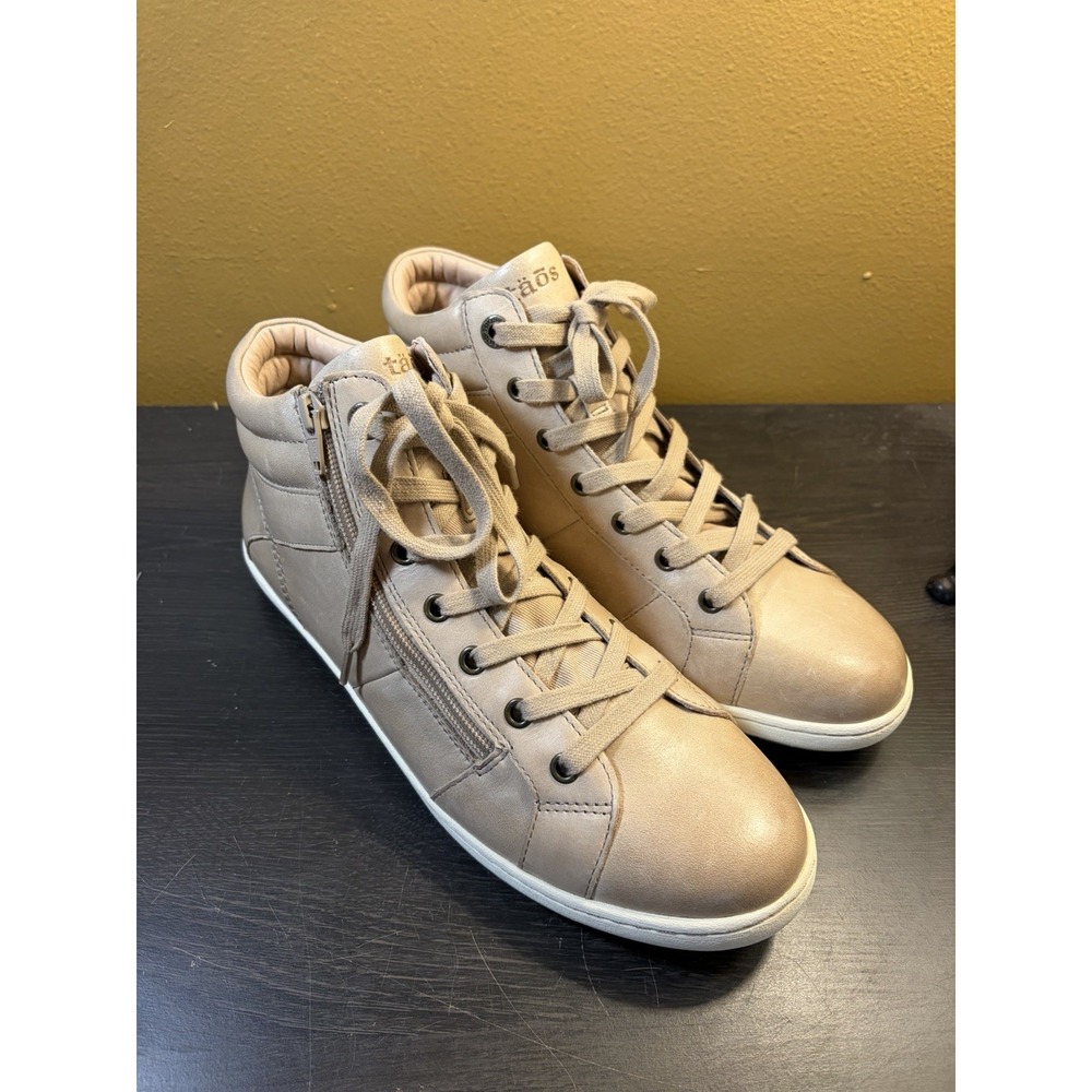 Taos Union Womens 11 Tan Cream Leather High Top Sneakers Side Zip Comfort Shoes